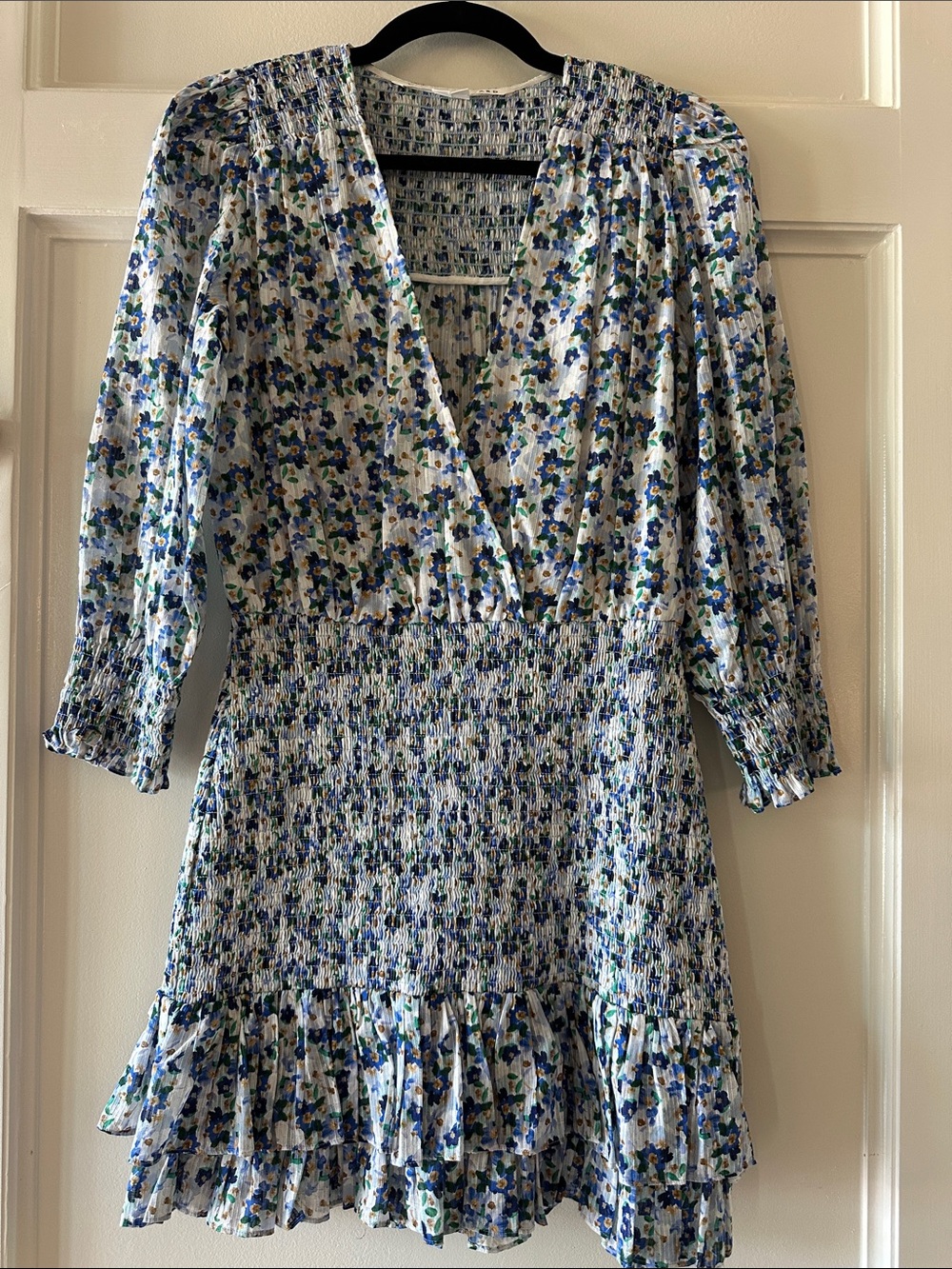 Veronica Beard Floral Smocked Waist V-Neck Mini Dress - Blue/Green